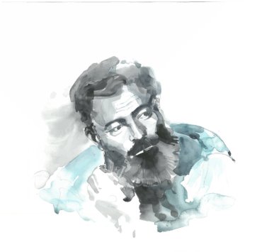 Ernest Hemingway suluboya portre işlemiş. Amerikalı yazar, kısa hikaye yazarı ve gazeteci. Sakallı beyaz adam.