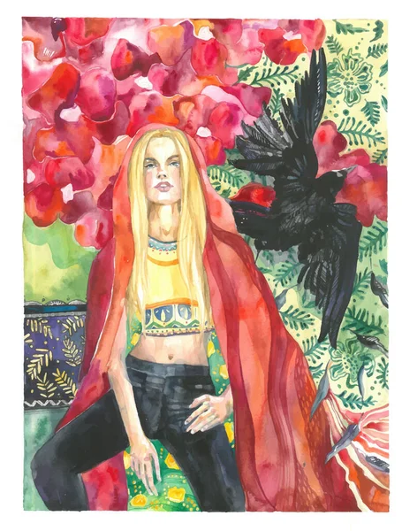 一个穿着红色斗篷 背景为罂粟和叶饰的金发女孩的画像 那姑娘肩膀上坐着乌鸦 水彩画 — 图库照片