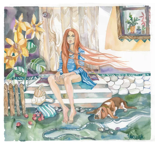 木製の家の階段に座っている青いドレスの若い赤毛の女の子のイラスト — ストック写真