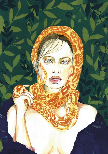 緑の葉の背景に黄色のヘビと美しいブルネットの女性の水彩画 アナコンダ — ストック写真