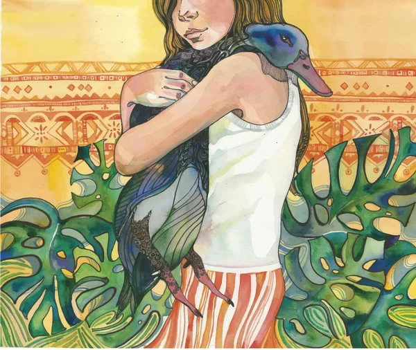 Acuarela Pintura Colorida Una Hermosa Chica Con Pato Sobre Fondo — Foto de Stock