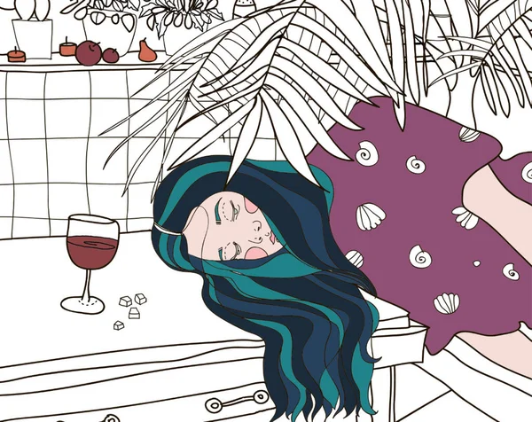 一个穿着粉色衣服 酒量大得像蓝色头发的豪华美女靠在自家植物旁边的桌子上 一个孤独的年轻女人在家里喝酒 女性酗酒 — 图库照片