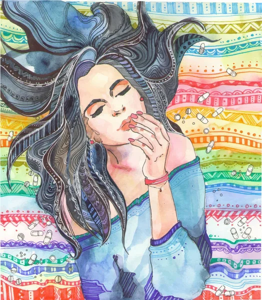 Güzel bir kız, uzun saçlı, gökkuşağı çiçek zemininde rahatlatıcı pastel renkli aksesuarları baharda ayarlanmış. Depresyon, haplar, ilaçlar. Bahar için grafiksel tasarım. Kağıt kesiği ve zanaat stili. , illüstrasyon.