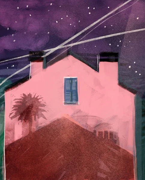 Ілюстрований Рожевий Будинок Поруч Галактикою Чумацький Шлях Каліфорнія Влітку — стокове фото