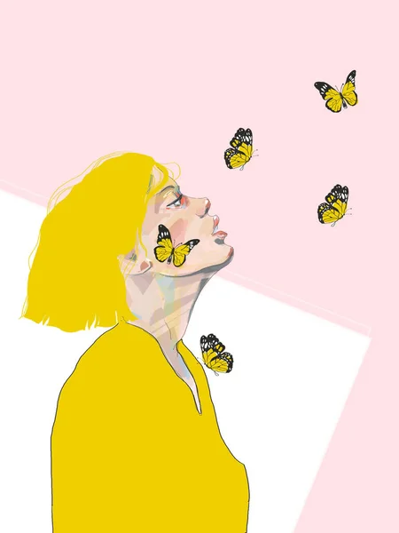 黄色蝶手描きイラストの蝶黄色の髪の少女と美しい若い女性のプロフィール ピンクの背景にファッションの肖像画 魅力的な女性モデル 美しい若い女性の肖像画 — ストック写真