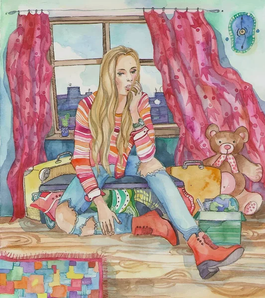 子供のおもちゃで小さな部屋で裂かれたジーンズの美しいブロンドの大きな女の子の水彩画のイラスト ウィンドウピンクのカーテンの横に子供時代の創造的なコンセプト — ストック写真