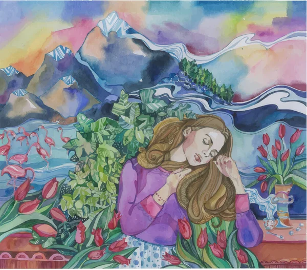 自然と山の前にチューリップを持つ素晴らしい水彩画の女の子 美しい少女の手をリラックス水彩春のイラストを描く 若く幸せな女性は女性の日を祝う — ストック写真