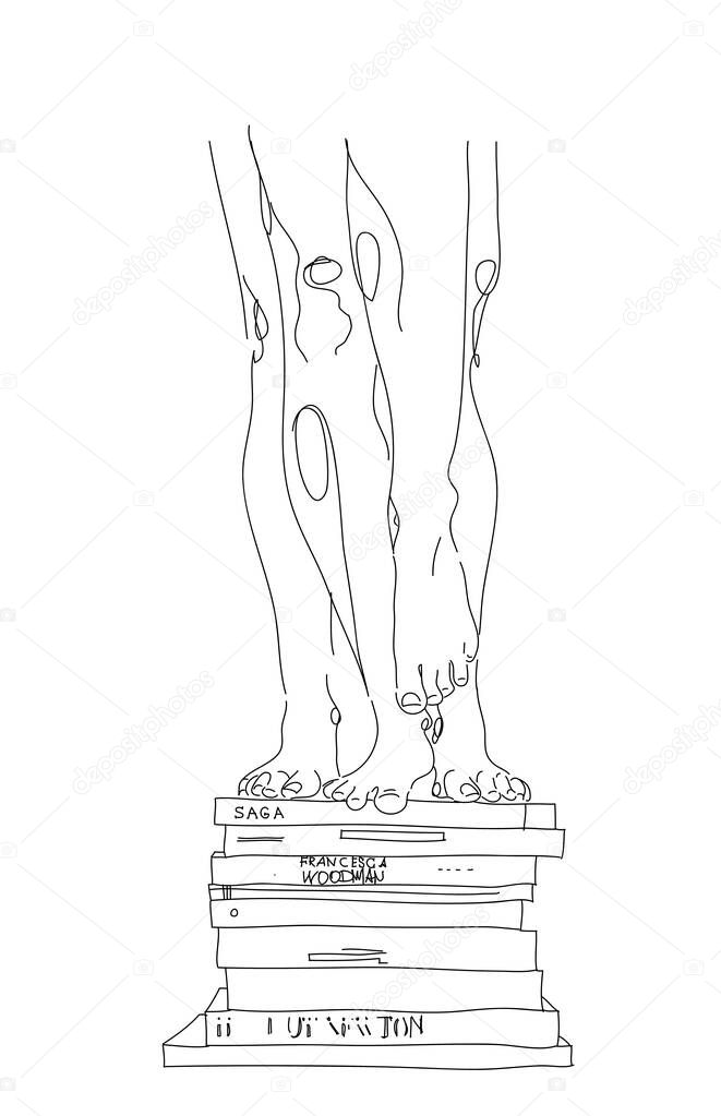 Barefooted feet are male and female. One line drawing illustration isolated object by hand on a white background.