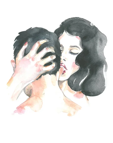 ロマンチックな散歩の概念 女の子が耳に男とキスをする 水彩イラスト白人男性と黒髪の女性は白に隔離されました — ストック写真