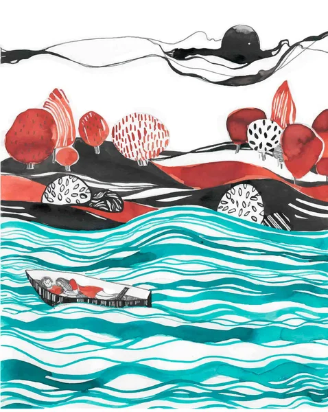 船载着山和树漂流在蓝色的河上 蓝色和黑色的船与爱的夫妇 背景上有一棵小红树覆盖着小山 水彩画 — 图库照片
