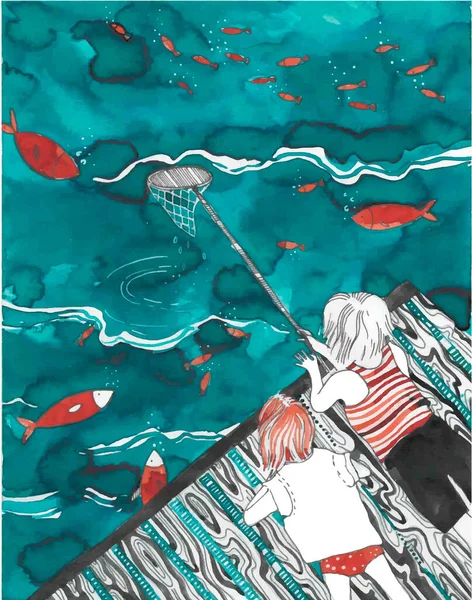 可爱的男孩与渔网 试图捕捉一些小红鱼在湖中 蓝色水彩画 — 图库照片