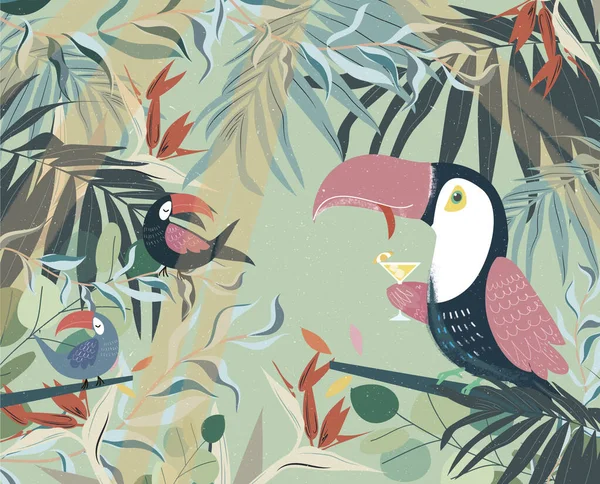 Papoušek Tropech Palmě Pije Koktejl Ilustrace Zeleným Pozadím — Stock fotografie