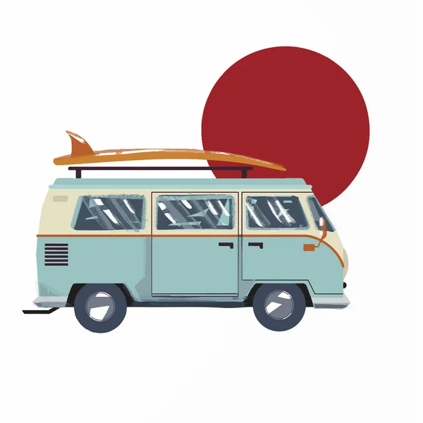 Vintage car with a surfboard on the roof. Blue surf car illustration next to red round isolated in white