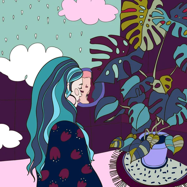 illustration back view beautiful young woman with blue hair in clouds room with houseplants looking at mirror