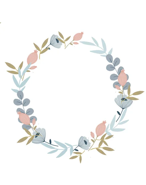 葉のリースとピンクのユーカリの花のイラストデザイン 中央に手描き 白地に文字を描く カード 招待状 結婚式のデザインや挨拶を作成するために — ストック写真