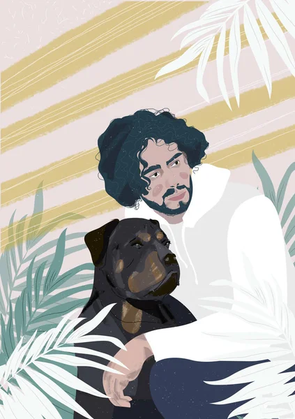 Adam ve en iyi arkadaşı köpek Rottweiler kucaklaşıyorlar, arkadan bakıyorlar sevimli çizgi film karikatür çizimleri yapıyorlar.