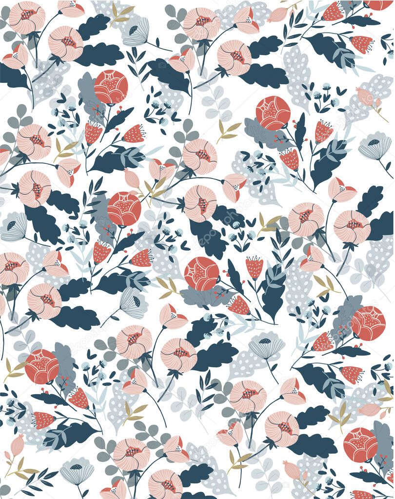 Graphic painting of leaf and flowers, seamless pattern on white background