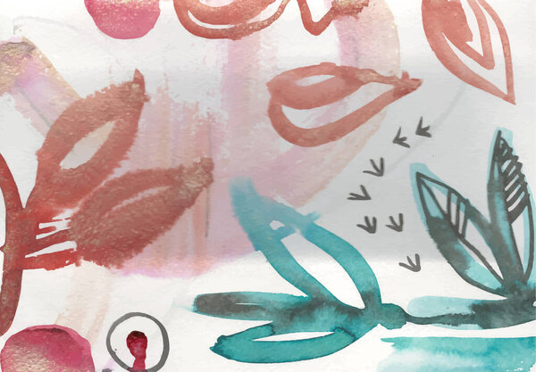 Abstract seamless pattern in bright colors. Watercolor painting of leaves, ink doodle, grunge textures. Floral background for design. Hand drawn illustration