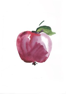 Suluboya el kırmızı elma çizdi. İzole edilmiş eko doğal besin örnekleri beyaz arka planda