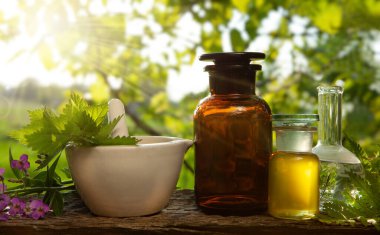 Bahçeden gelen bitkiler ve masaj ve aromaterapi için çeşitli yağlar. Tentür şişeleri ya da karışımlar ve sağlıklı bitkiler, bir avuç şifalı ot dışarıda bir masada havanda..