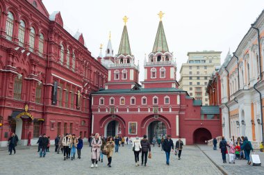 Moscow, Russia - October 14, 2019: Resurrection Gate and Historical Museum in Red Square in autumn. Red Square is located in center of Moscow.