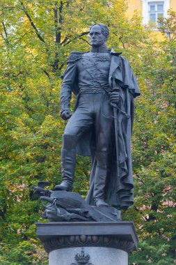 Moscow, Russia - October 14, 2019: Monument to Alexander I in Alexander Garden in autumn. Alexander I was Russian Tsar.
