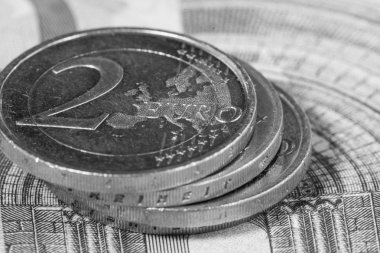 Euro para: closeup banknot ve madeni paralar, siyah beyaz resim