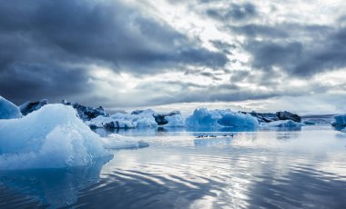 Bir ördek ailesi ve Icelake Jokulsarlon, blue Ice. İzlanda