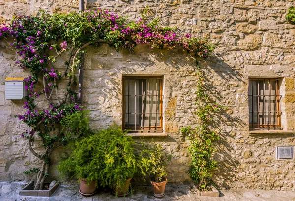 Janela com barras em uma fachada de pedra na antiga cidade medieval de Peratallada, Espanha — Fotografia de Stock