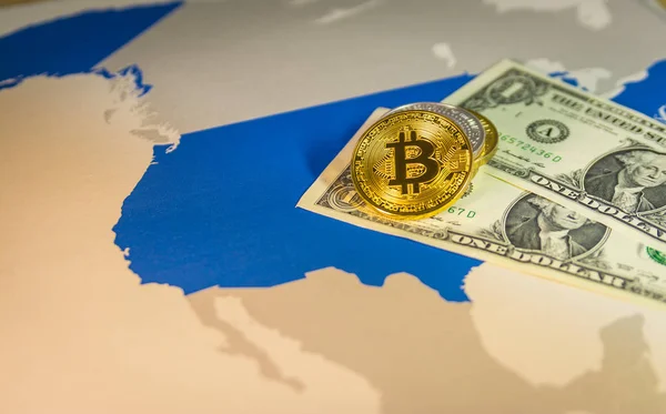 Bitcoin and padlock over US dollar and map — Stock Photo, Image