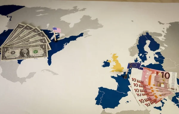 Map of america and EU, bills and flags.
