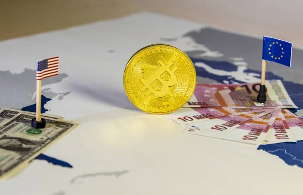 Bitcoin between United States and European Union — Stock Photo, Image