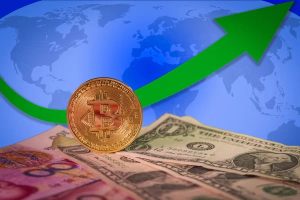 Financial bull market rising concept with golden bitcoin above dollar and yuan bills — Stock Photo, Image