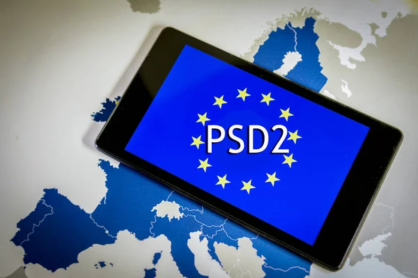 Payment Services Directive 2,smartphone, EU flag and map.