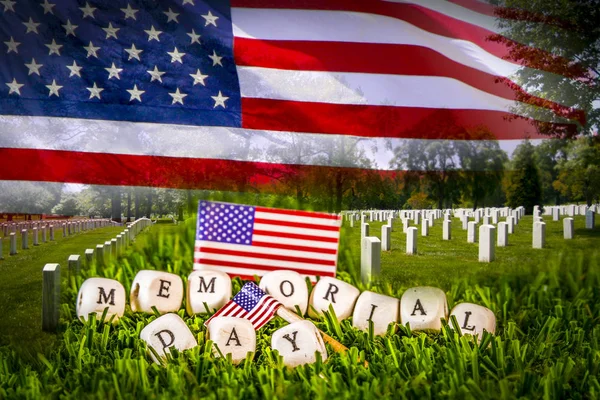 Memorial day phrase , american flag and grave stones.