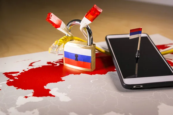 Padlock, net cable, Russia flag on a smartphone and Russia map. — Stock Photo, Image