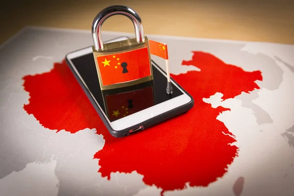 Padlock, China flag on a smartphone and China map. Great Firewall of China concept