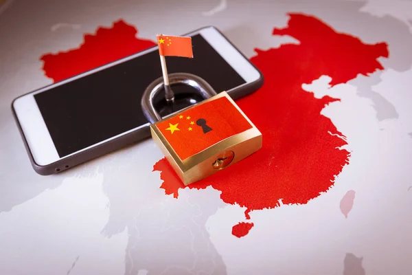 Padlock, China flag on a smartphone and China map. Great Firewall of China concept