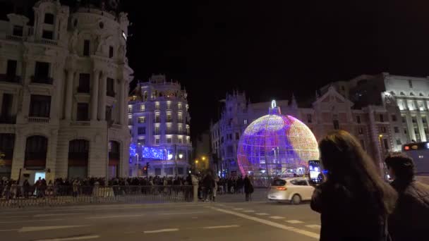 Madrid, Spain, December 2019. Giant Christmas LED Ball show in Gran Via , Madrid — Stock Video