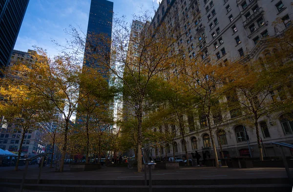 Luzes de férias em Zuccotti Park, na parte inferior de Manhattan . — Fotografia de Stock