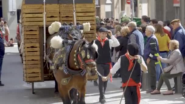 Reus, Spanyolország. Március 2020: Ló húzza a busz körül a város központjában a Tres Tombs fesztivál cavalcade — Stock videók