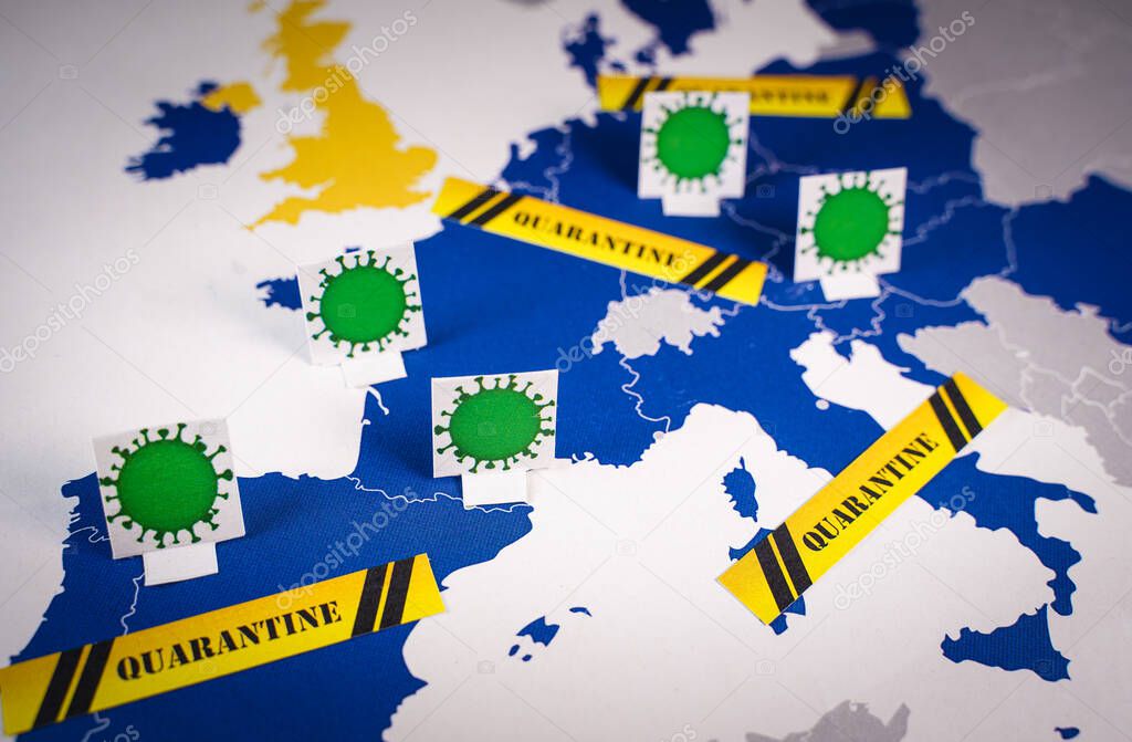 Map of european union with coronavirus and quarantine signs.