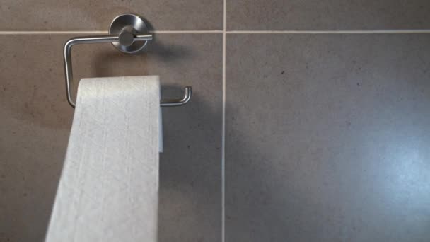 Roll of white toilet paper in a tiled bathroom — Stock video