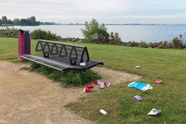 Sampah yang belum terkumpul di tempat piknik dekat danau — Stok Foto