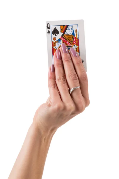 Female hand showing queen of spades card — Stock Photo, Image