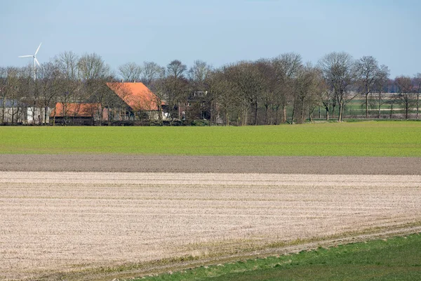 Paysage typique de polder hollandais avec ferme et champs nus — Photo