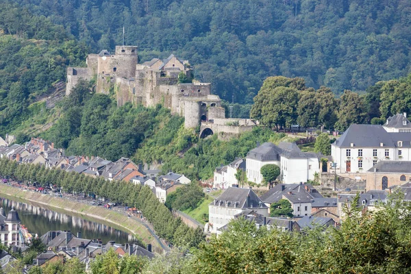 Aerial view Bouillon with medieval castle along river Semois in — Stock Photo, Image