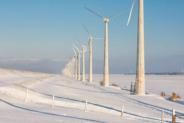 Dutch winter landscape with snowy field and wind turbines — Stock Photo, Image