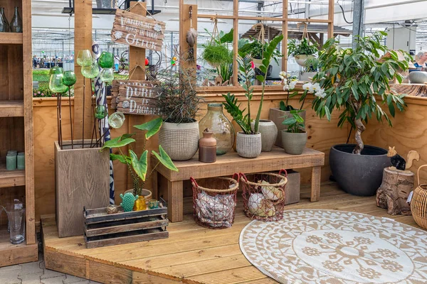 Boutique de jardin vendant des plantes et accessoires comme des pots de fleurs — Photo