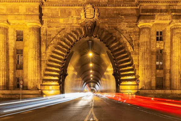 Entrance Buda Castle Tunnel Budapest, Hungary - Long exposure photo evening — Stock Photo, Image